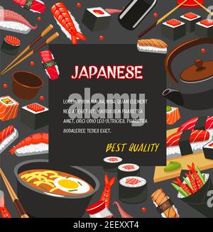 Affiche de cuisine japonaise avec des plats de fruits de mer asiatiques. Assortiment de sushis avec saumon, riz et algues, crevettes et pieuvre, sashimi de thon, soupe de nouilles Illustration de Vecteur