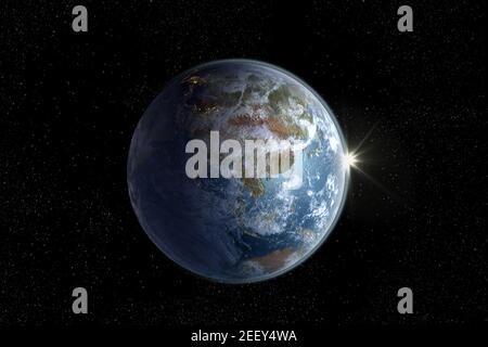 Lever de soleil sur la planète Terre rendu 3d montrant l'Asie, l'Australie et l'océan Pacifique avec le chemin d'écrêtage inclus dans le fichier. Éléments de cet imag Banque D'Images