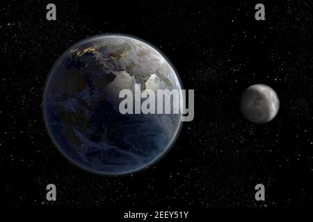 Le rendu Sunrise on Planet Earth et Moon 3d avec le chemin d'écrêtage inclus dans le fichier. Éléments de cette image fournis par la NASA. Banque D'Images