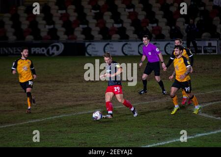 Newport, Royaume-Uni. 16 février 2021. Harry Kite of Exeter City in action .EFL football League Two Match, Newport County v Exeter City at Rodney Parade, Newport, pays de Galles, le mardi 16 février 2021. Cette image ne peut être utilisée qu'à des fins éditoriales. Utilisation éditoriale uniquement, licence requise pour une utilisation commerciale. Aucune utilisation dans les Paris, les jeux ou les publications d'un seul club/ligue/joueur. photo de Lewis Mitchell/Andrew Orchard sports Photography/Alamy Live News crédit: Andrew Orchard sports Photography/Alamy Live News Banque D'Images