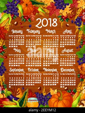 Calendrier d'automne 2018 modèle de récolte saisonnière de légumes, de baies et de feuilles en chute. Motif vectoriel de baies de rowan, citrouille ou champignon et chêne aco Illustration de Vecteur