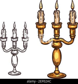 Bougie d'Halloween en forme de chandelier icône d'esquisse. Flamme de vecteur trois bougies dans le vieux candélabrum de laiton rétro. Symbole isolé de l'horreur d'Halloween ho Illustration de Vecteur