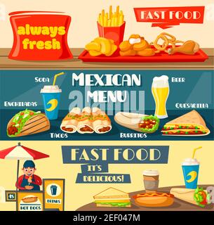 Banderoles de restauration rapide pour fastfood ou restaurant de rue ou bistro. Motif vectoriel plat de hamburger, taco mexicain ou burrito, cheeseburger ou hambourg Illustration de Vecteur