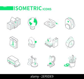 Retour à l'école - icônes isométriques de ligne avec des accents de couleur verte. Concept d'éducation. Sac d'écoliers, globe, pinceau et peintures, calendrier, réveil, supp Illustration de Vecteur