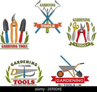 Ensemble d'icônes d'outils de jardinage pour l'agriculture ou la maison de jardin d'agriculteur. Ensemble de râteau ou de fourche et de bêche, de brouette et de scie ou de jardinage isolés par vecteur Illustration de Vecteur