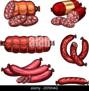 Saucisses et charcuterie croquis des icônes de l'ensemble de croquis de saucisses genres salami, pepperoni et bouquet de chorizo de porc. Vecteur chipolata kielbasa et Illustration de Vecteur