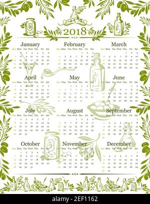 Calendrier 2018 modèle design d'huile d'olive et olives vertes et noires pour bouteille de produit extra vierge. Vecteur biologique Portugal et Italie et Espagne cuisent Illustration de Vecteur