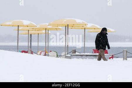 Toronto, Canada. 16 février 2021. Un homme marche dans la neige dans un parc de Toronto, Ontario, Canada, le 16 février 2021. Mardi, une tempête hivernale a frappé la ville de Toronto et les environs. Credit: Zou Zheng/Xinhua/Alamy Live News Banque D'Images