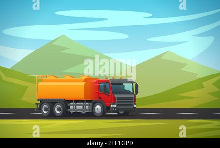 Camion-citerne ou remorque-citerne et remorque-citerne transportant de l'eau, du pétrole ou du gaz à essence sur un paysage naturel de montagne verte. Transmission ou transposteur de vecteur Illustration de Vecteur