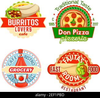 Repas rapides et en-cas icônes modèle de conception pour le menu de restauration rapide ou de bistro. Hamburger mexicain Vector burrito et sandwich fajita, pizza pour Illustration de Vecteur