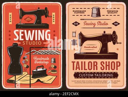 Atelier de couture et affiches rétro de tailleur. Atelier sur mesure et de réparation de vêtements bannières vintage avec vieille machine à coudre à main, robe forme an Illustration de Vecteur