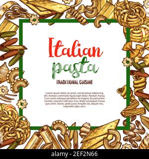 Modèle de dessin d'affiche de pâtes italiennes pour le menu du restaurant italien. Tagliat à la main de spaghetti, fettuccine ou farfalle et de blé dur Illustration de Vecteur