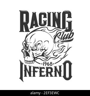 Imprimé t-shirt avec blason crâne vecteur club de course mascotte ou emblème de la société de motards, tête de mort en feu. T-shirt imprimé, tatouage ou emblème monochrome ou Illustration de Vecteur