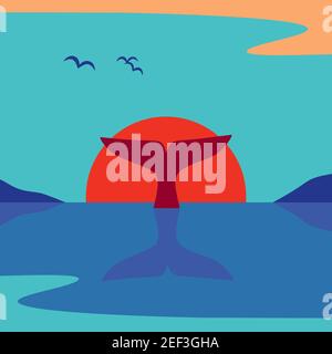 Affiche vectorielle plate minimaliste Whale Tail at Ocean Sunrise Illustration de Vecteur