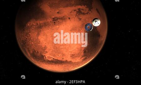 NASA. 16 février 2021. Cette illustration montre la persévérance rover de la NASA qui a fait sortir son vaisseau spatial de l'étape de croisière, quelques minutes avant d'entrer dans l'atmosphère martienne. Des centaines d'événements critiques dans la séquence d'entrée, de descente et d'atterrissage du rover doivent s'exécuter précisément à temps pour que le rover retouche Mars en toute sécurité le 18 février 2021. La phase de croisière contient des réservoirs de carburant, des panneaux solaires et d'autres matériels nécessaires pendant le voyage à Mars. Environ 10 minutes avant l'entrée dans l'atmosphère, il se sépare de l'aérospherel, qui enferme le rover et la descente. Crédit : UPI/Alay Live News Banque D'Images