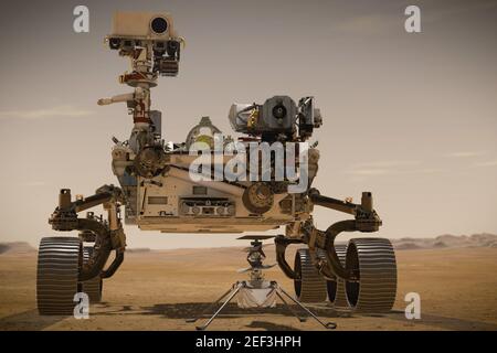 NASA. 16 février 2021. Illustration du rover de la NASA sur Mars, dont l'atterrissage est prévu le 18 février 2021. L'entrée, la descente et l'atterrissage, ou « EDL », commence lorsque l'engin spatial atteint le sommet de l'atmosphère martienne, se déplaçant à près de 12,500 mph (20,000 km/h). EDL se termine environ sept minutes après l'entrée atmosphérique, avec de la papeterie de persévérance sur la surface martienne. Crédit : UPI/Alay Live News Banque D'Images