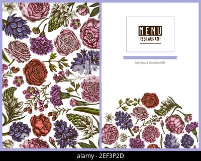 Couverture de menu motif floral avec pivoine colorée, carnation, ranunculus, fleur de cire, ornithogalum, jacinthe Illustration de Vecteur