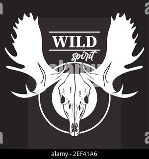 lettrage à l'esprit sauvage avec motif vectoriel de crâne de tête d'orignal Illustration de Vecteur