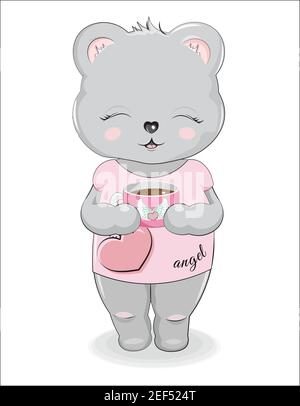 Ours en peluche avec t-shirt avec tasse de thé chaud, café, cacao, Bonjour, photo à la main dessin style dessin animé, pour t-shirt port mode imprimé desi Illustration de Vecteur