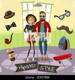 Motif hipsters sous-culturels de style dessin animé avec chapeau de moustache en skateboard illustration vectorielle de l'noeud du café autour des personnes Illustration de Vecteur