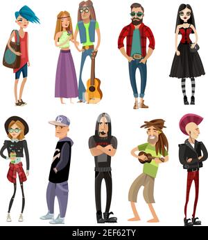 Sous-cultures gens ensemble dans le style de dessin animé avec hippie hipster goth illustration de vecteur isolé punk rapper et rastafarian Illustration de Vecteur