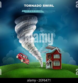 Tornado conception naturelle de catastrophe comprenant la maison avec porte de toit cassée et illustration du vecteur de poussière de la voiture volante Illustration de Vecteur