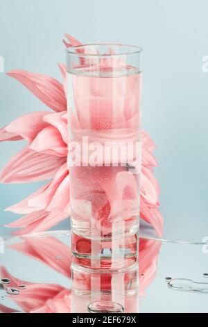 fleurs roses déformées à travers l'eau dans le verre avec miroir sur fond bleu. eau pure, relax, surréaliste, concept de maison écologique. Banque D'Images