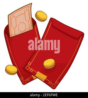 Paire d'enveloppes rouges, dont l'une ouvrait avec un billet de banque et des pièces d'or pour les vacances chinoises, isolées sur fond blanc. Illustration de Vecteur