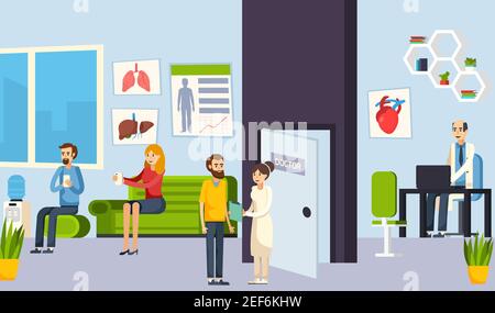 Salle d'attente colorée et plate dans la composition clinique avec les patients et l'illustration vectorielle médecins Illustration de Vecteur