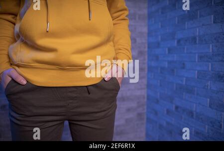 Vue de face sur la partie du corps d'une jeune femme contre un mur de briques. Gros plan d'une femme méconnaissable a mis ses mains dans ses poches de pantalon Banque D'Images