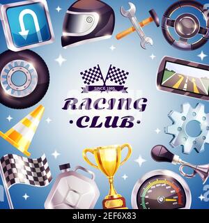 Cadre de club de course avec logo, pièces de voiture, casque, canister, trophée sur fond bleu avec illustration vectorielle étoiles Illustration de Vecteur