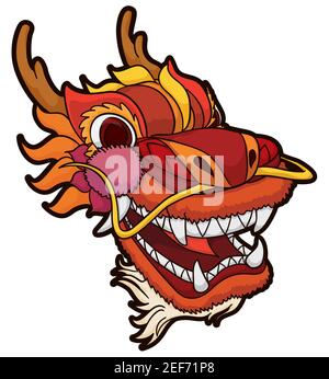 Tête de dragon chinois de couleur rouge, barbe, cornes et longs whiskers avec contour audacieux, isolés sur fond blanc. Illustration de Vecteur