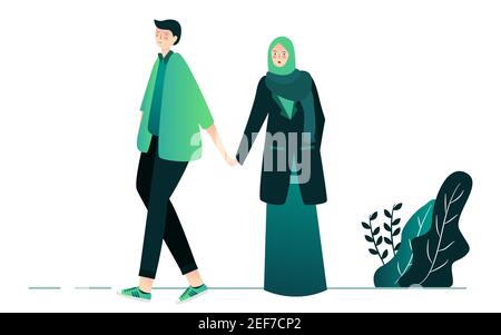 couple islamique jeune homme et femme marchant sur le parc blanc arrière-plan isolé avec style de dessin animé plat Illustration de Vecteur