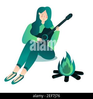 jolie fille jouant de la guitare autour de feu de joie avec le style de dessin animé plat Illustration de Vecteur