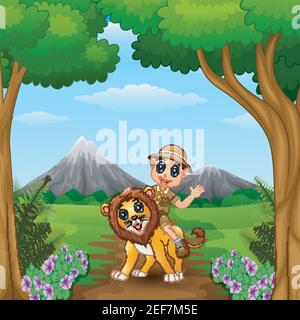 Illustration vectorielle du garçon Zookeeper et d'un lion dans la jungle Illustration de Vecteur