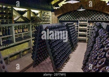 Cave à vin. Les bouteilles sur des étagères en bois. Stockage vintage de la collection de vins Banque D'Images