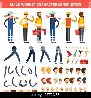 Composition de constructeur de caractères d'ouvrier mâle de couleur plate avec éléments isolés jambes mains et têtes illustration vectorielle Illustration de Vecteur
