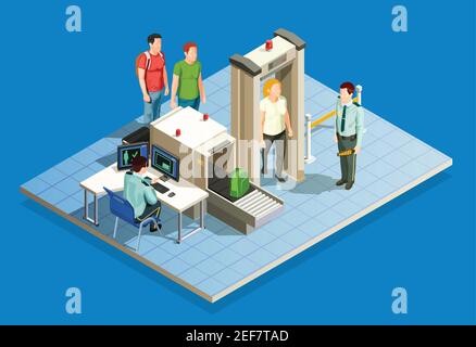 Vérifiez la composition isométrique des employés de l'aéroport avec les agents des douanes pendant inspection des passagers et vérification de l'illustration du vecteur de bagages de cabine Illustration de Vecteur