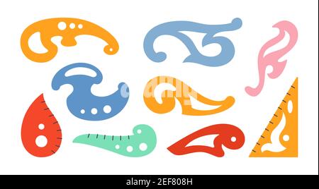 Modèle de couture ou de dessin, ensemble de dessins animés à pochoir. Équipement de couture, motifs et concept de couture pour carnets d'esquisses. Dessin de moule dessiné à la main. Illustration vectorielle Illustration de Vecteur