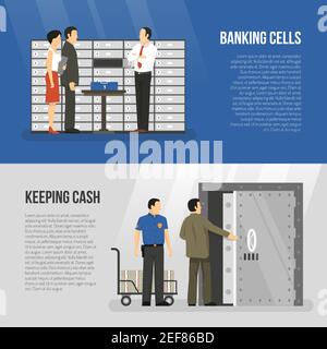 Des bannières horizontales sont posées avec des clients et des employés se tenant près des banques illustration du vecteur isolé à plat des cellules Illustration de Vecteur