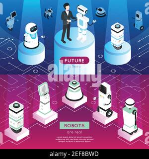 Robots bannières isométriques horizontales avec homme, machines de haute technologie sur pieds en rayons légers illustration vectorielle isolée Illustration de Vecteur