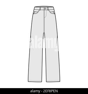 Pantalon denim à revers illustration technique de la mode sur toute la longueur, taille, taille, taille, 5 poches, rivets, boucles de ceinture. Modèle de vêtement à fond plat sur le devant, de couleur grise. Femmes, hommes, maquette de CAD unisex Illustration de Vecteur