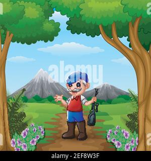 Illustration vectorielle de l'homme Hunter tenant son arme dans le jungle Illustration de Vecteur