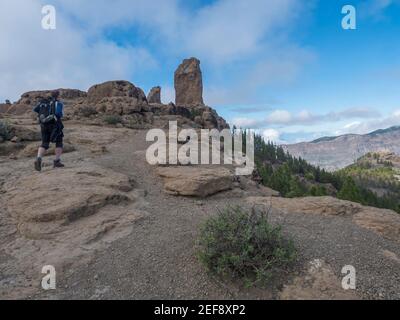 Homme randonneur marchant vers la formation rocheuse Roque Nublo dans les montagnes centrales intérieures depuis le sentier de randonnée famoust Gran Canaria. Pins verts et ciel bleu Banque D'Images