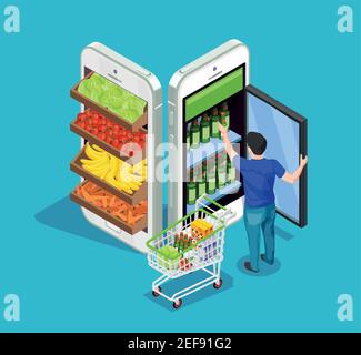 Homme avec un chariot complet de produits en train de sortir la bouteille réfrigérateur sous forme de téléphone portable sur fond bleu en ligne concept d'achat 3d vecteur isométrique illu Illustration de Vecteur