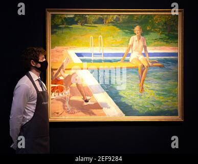 Londres, Royaume-Uni. 17 février 2021. Sir John Lavery, « The Viscountess Castlerosse, Palm Springs », peint en 1938 environ 400,000 à 600,000 £ « derrière des portes fermées : les préparatifs ont lieu à Christie's avant la vente aux enchères d'art britannique moderne en direct le 1er mars 2021 ». Crédit : Mark Thomas/Alay Live News Banque D'Images