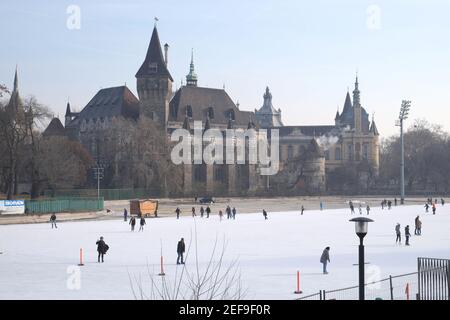 Château de Vajdahunyad, vu au-dessus de la patinoire du parc de la ville, Budapest, Hongrie. Banque D'Images