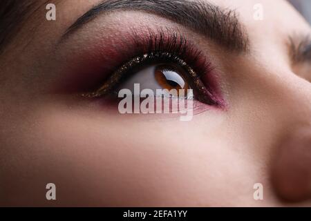 Visage de femme avec maquillage professionnel pour les yeux en gros plan Banque D'Images