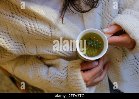 La jeune femme sur le canapé et avec du thé de sauge sur la main. Banque D'Images