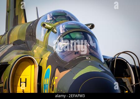 Ancien avion de chasse 37 Viggen de la Force aérienne suédoise Saab à la base aérienne Kleine-Brogel. Belgique - 14 septembre 2019. Banque D'Images